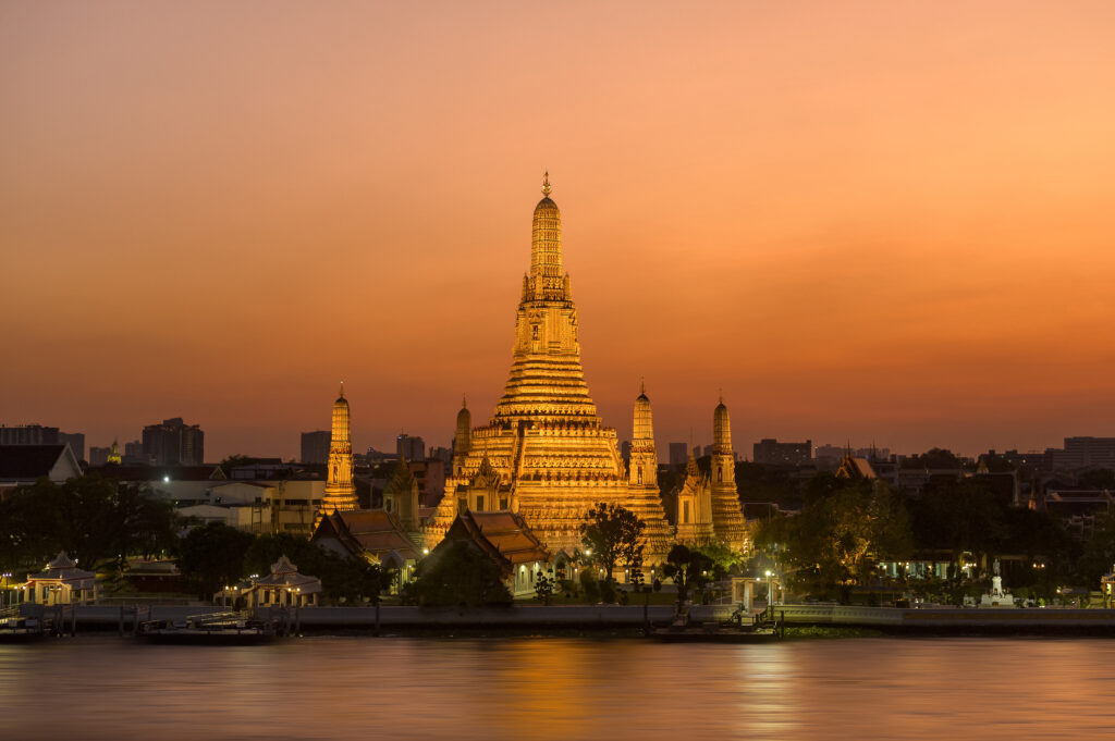 Beautiful view of Wat Arun Temple at sunset in Bangkok, Thailand