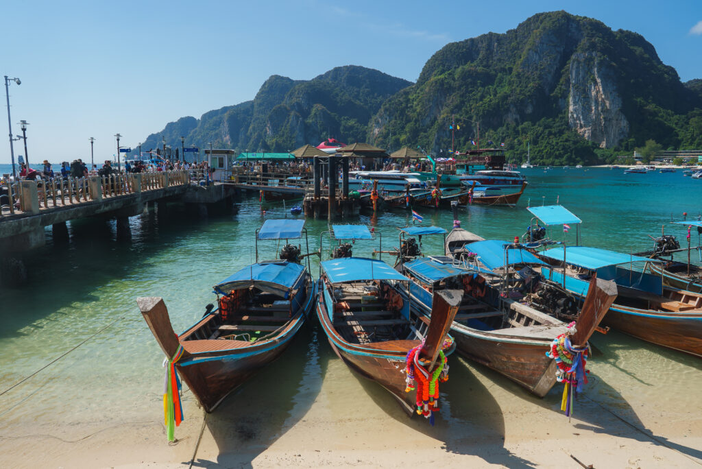Traditional Long Tail Boats at a Dock in Koh Phi Phi, Thailand