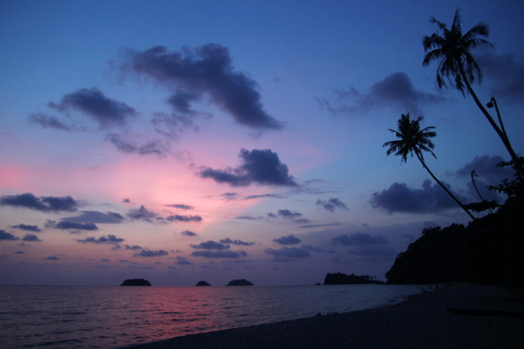 View at the sunset sky and sea with palms trees a beach. Koh Chang, Thailand.
